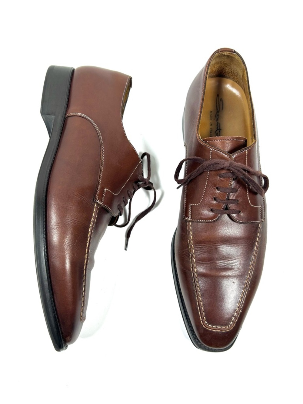 Santoni Brown Oxford Men’s 9.5 Pointed Square Toe Lace Up‎ Made in Italy Leather